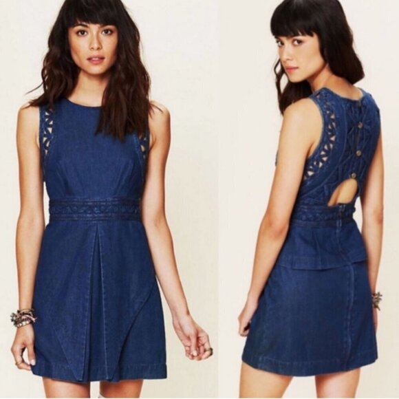 Free People New Romantics Highland Lattice Denim Mini Dress, Size 12 - Picture 1 of 16